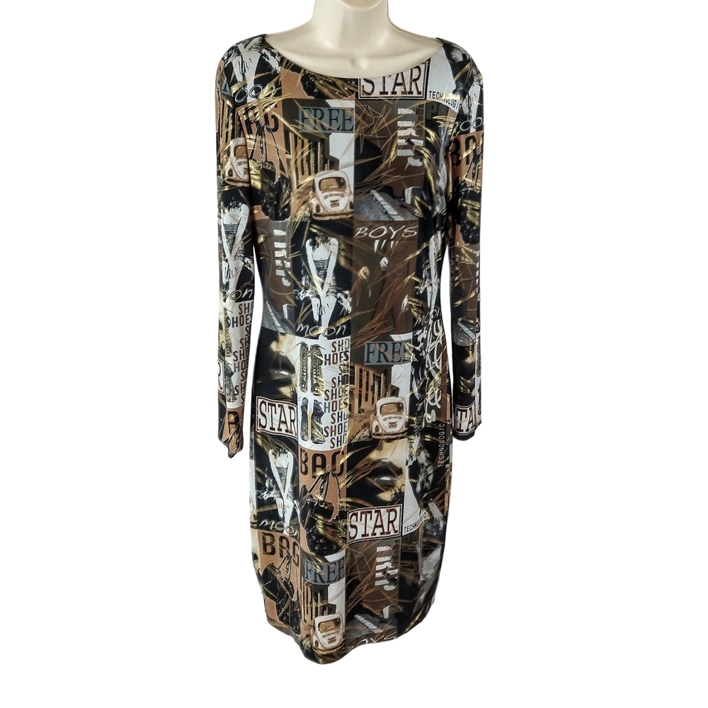 Y2K Cache Long Sleeve Graphic Print Dress - Brown, Metallic Gold, and Black - Picture 4 of 8